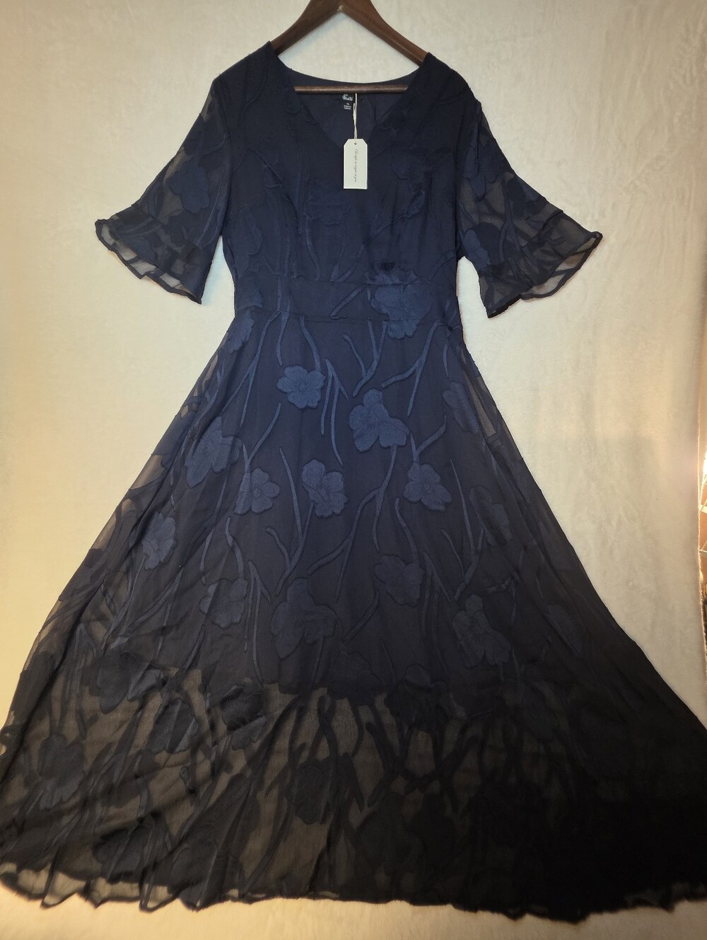 Elegant Navy Jacquard Lined Floral Bell Sleeve Ruffle Maxi Dress Size XL. - Picture 2 of 9